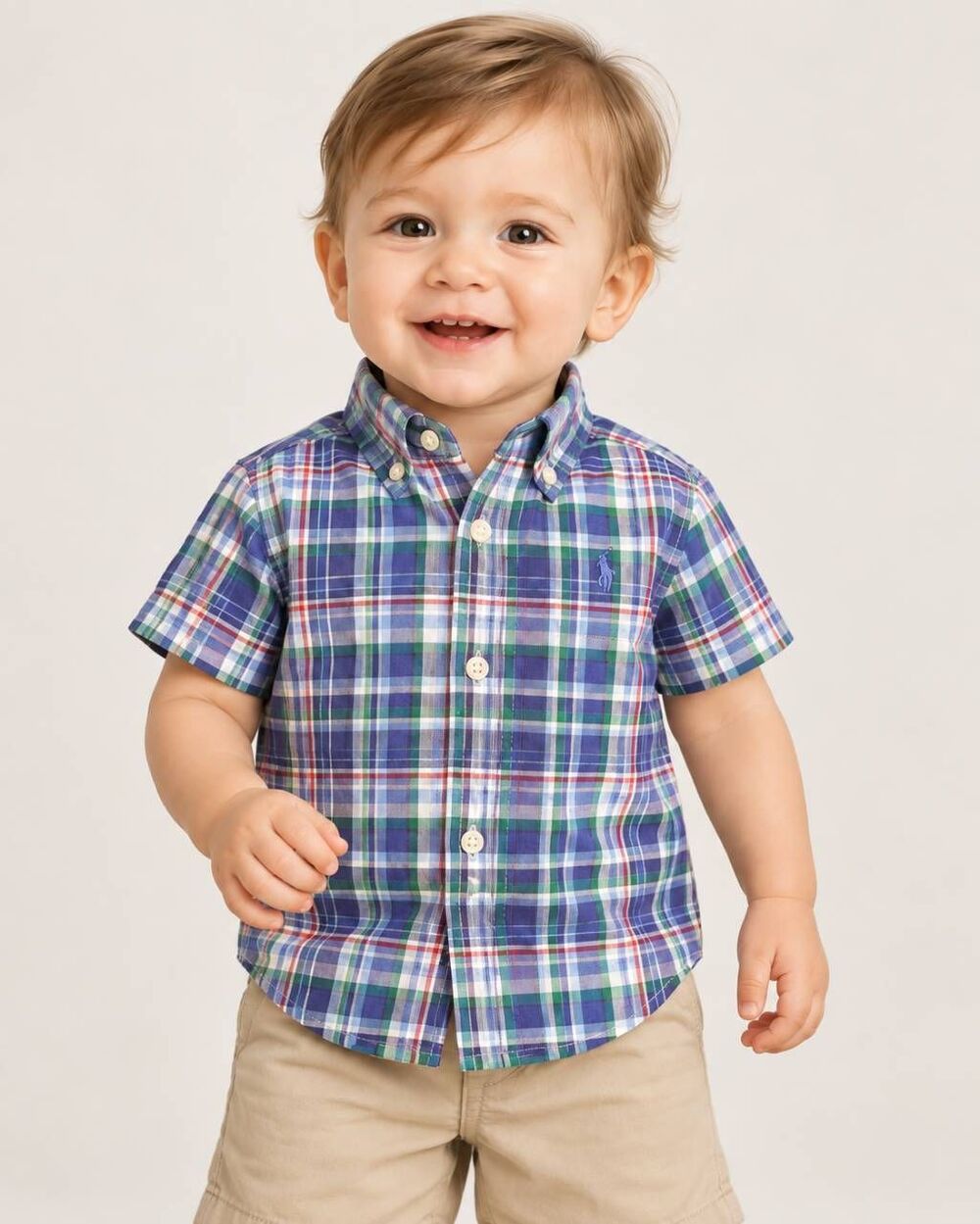 Ralph Lauren Baby Boy 12M Plaid Button Down Shirt Pony Logo Short Sleeve